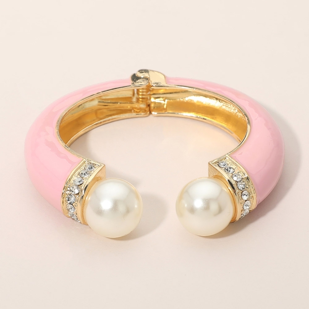 Pink Gold Pearl Tip Enamel Cuff Hinged Bracelet Fashion Statement Accessory
